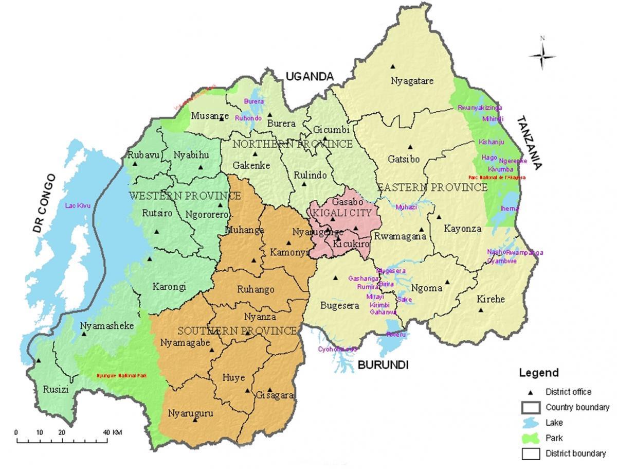 ramani ya Rwanda na wilaya na sekta